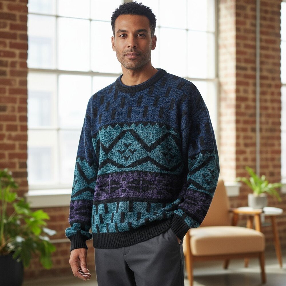 Vintage Campus Aztec Blue Knit 90s Multicolor Sweater Winter Ugly Frayed‎ XLT
